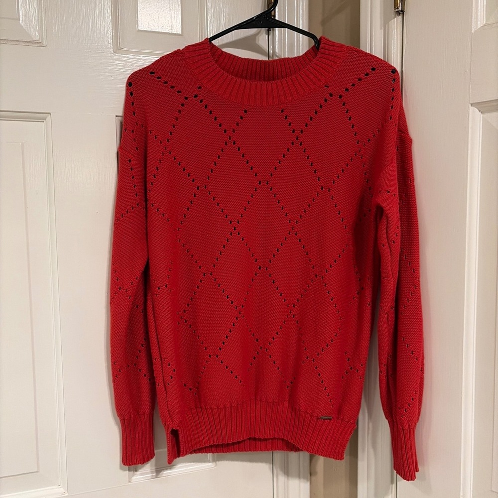 Esprit Womens Diamond Pointelle Knit Sweater Red Small 100% Cotton Crew Neck